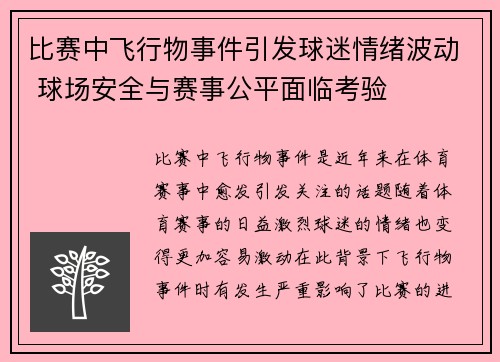 比赛中飞行物事件引发球迷情绪波动 球场安全与赛事公平面临考验