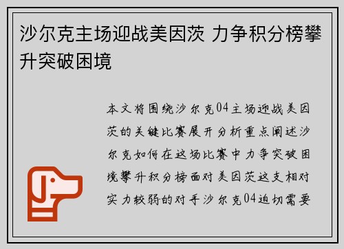 沙尔克主场迎战美因茨 力争积分榜攀升突破困境