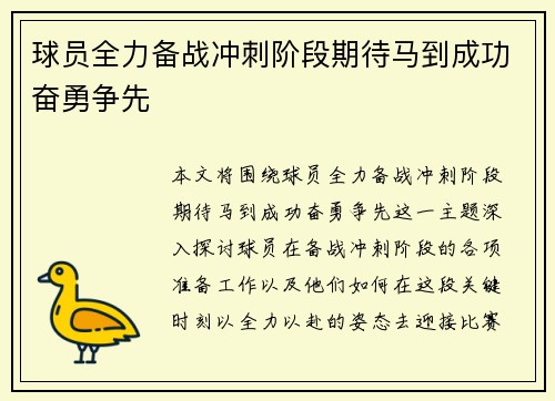 球员全力备战冲刺阶段期待马到成功奋勇争先